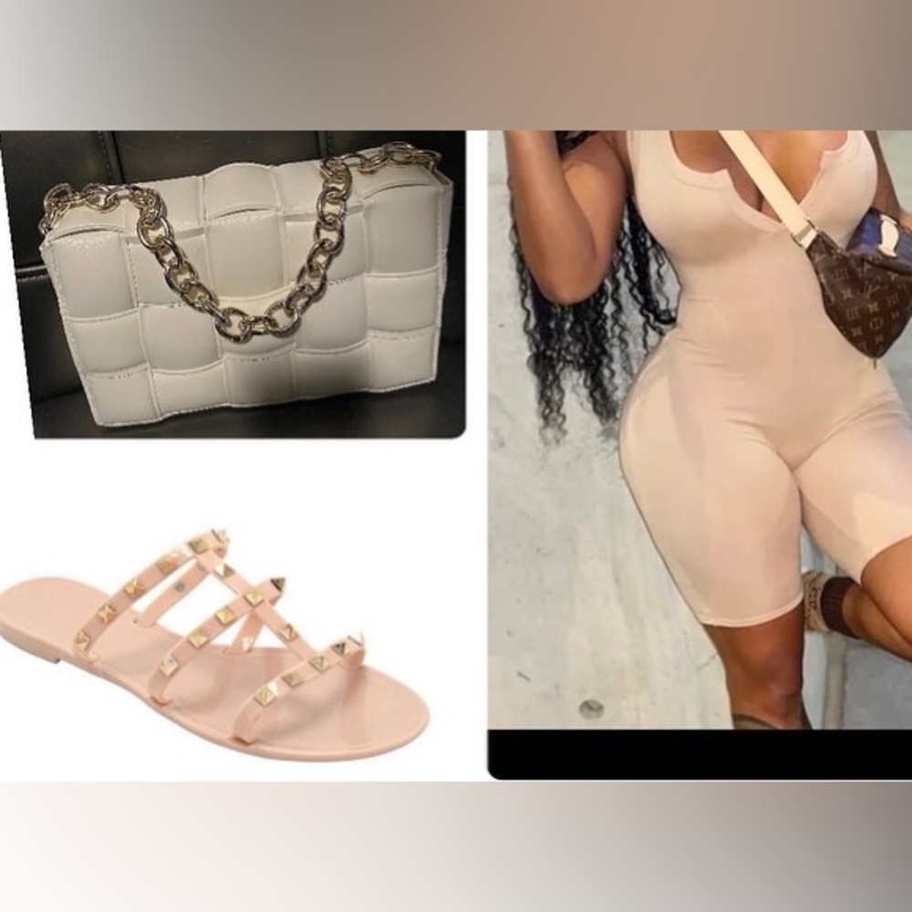 3 for one special tan one piece, white purse and slides